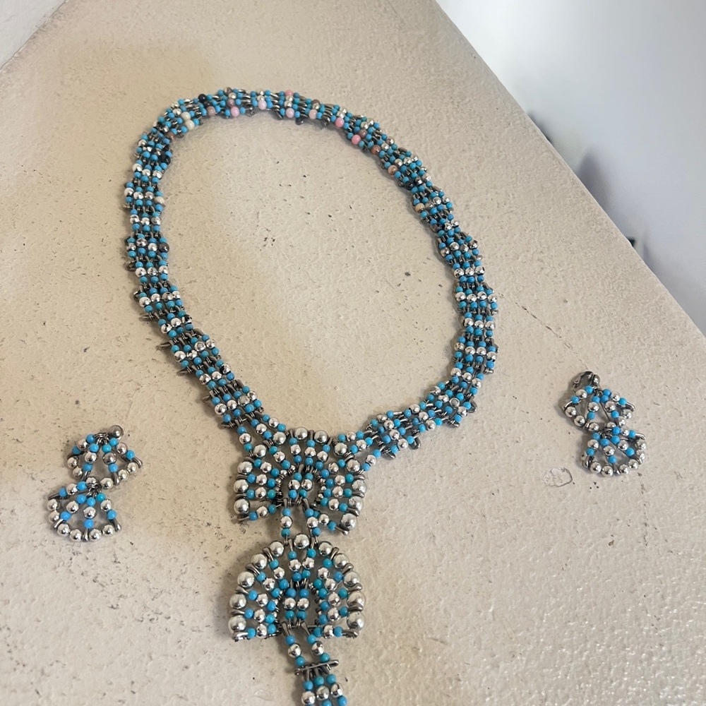 1970's Silvertone Turquoise Safety Pin Necklace & Earring Set Southwestern‎ - Picture 2 of 12